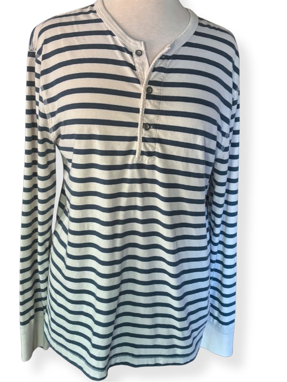J.Crew Striped Henley Long Sleeve Tee Cream Navy Large Casual Cotton Blend
